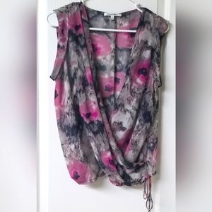 QUINTESSENTIAL Multicolor Floral Surplice Sheer Top L